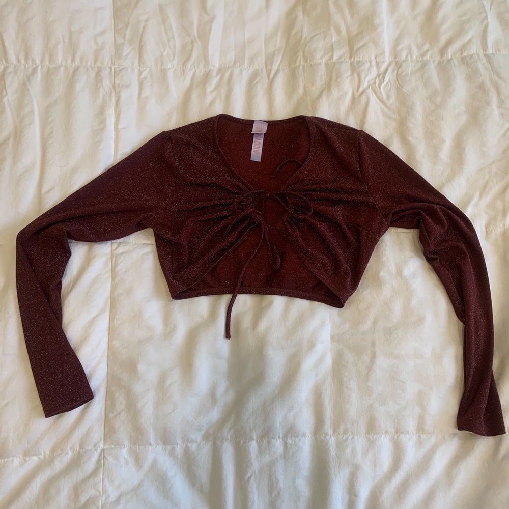 Savage X Fenty Burgundy Sparkle Tie Front Long Sleeve Crop Top Medium